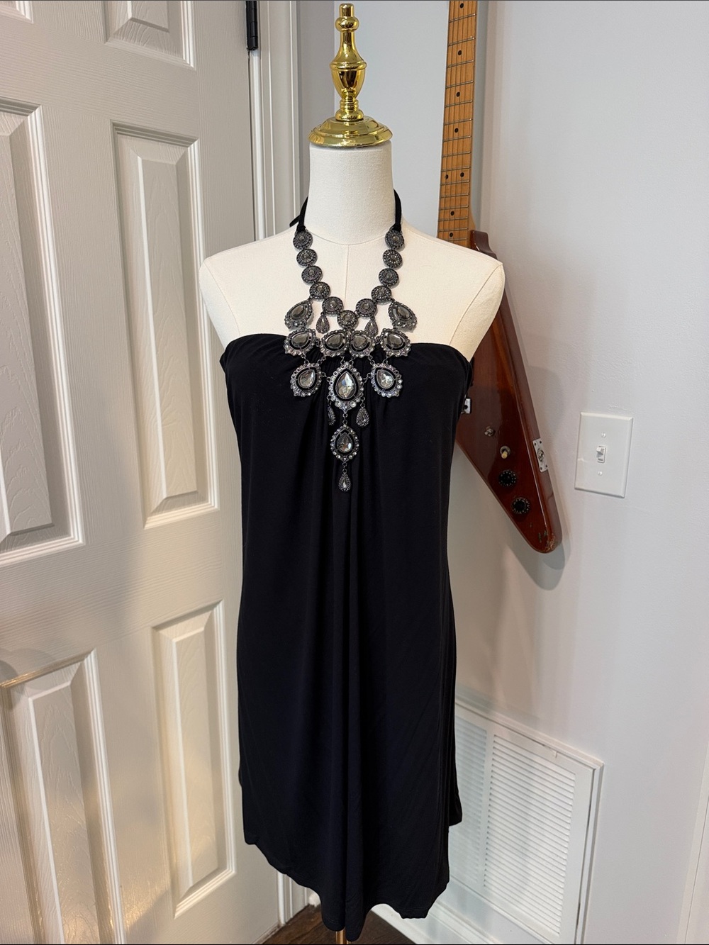 Elegant Black Strapless Camisole Dress with Embellished Necklace